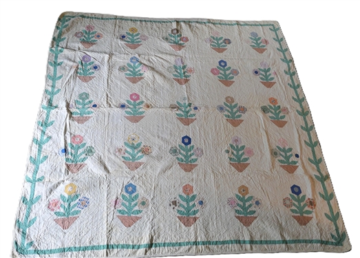 Pretty Handmade Quilt with Applique Flowers - Hand Pieced and Quilted - Very Thin - Pots of 3 Flowers with Green Vine Boarder - Quilt Measures 84 by 83