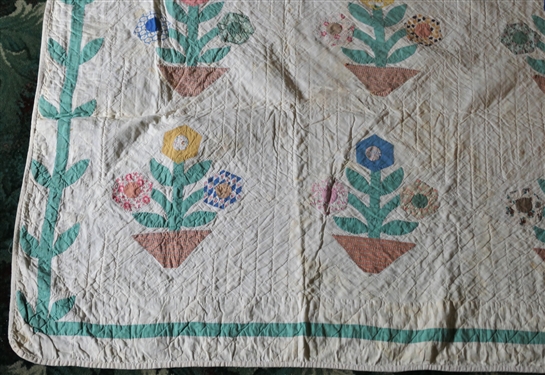 Pretty Handmade Quilt with Applique Flowers - Hand Pieced and Quilted - Very Thin - Pots of 3 Flowers with Green Vine Boarder - Quilt Measures 84 by 83