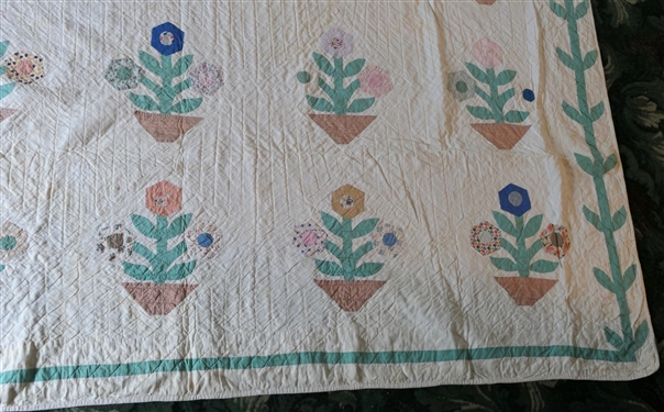 Pretty Handmade Quilt with Applique Flowers - Hand Pieced and Quilted - Very Thin - Pots of 3 Flowers with Green Vine Boarder - Quilt Measures 84 by 83