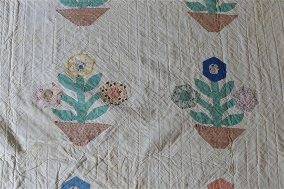 Pretty Handmade Quilt with Applique Flowers - Hand Pieced and Quilted - Very Thin - Pots of 3 Flowers with Green Vine Boarder - Quilt Measures 84 by 83