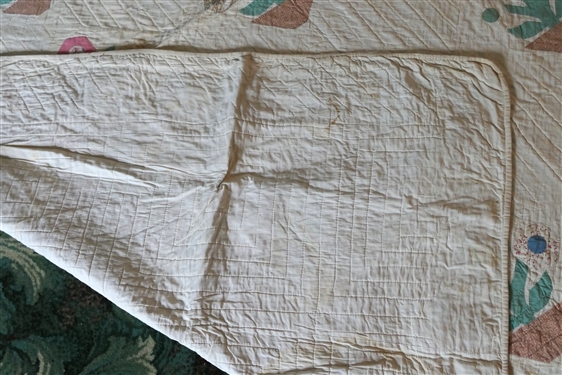 Pretty Handmade Quilt with Applique Flowers - Hand Pieced and Quilted - Very Thin - Pots of 3 Flowers with Green Vine Boarder - Quilt Measures 84 by 83