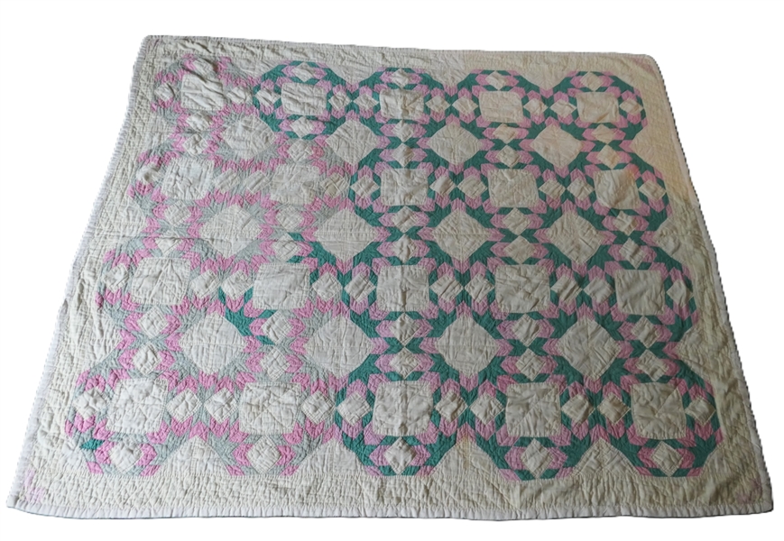 Green and Pink and Gray and Pink Hand Pieced and Stitched Quilt - Very Thin - Quilt Measures 72" by 60" 