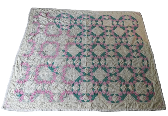 Green and Pink and Gray and Pink Hand Pieced and Stitched Quilt - Very Thin - Quilt Measures 72 by 60 