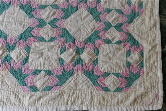 Green and Pink and Gray and Pink Hand Pieced and Stitched Quilt - Very Thin - Quilt Measures 72 by 60 