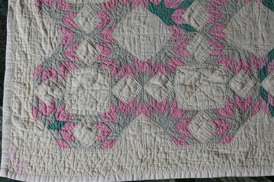 Green and Pink and Gray and Pink Hand Pieced and Stitched Quilt - Very Thin - Quilt Measures 72 by 60 
