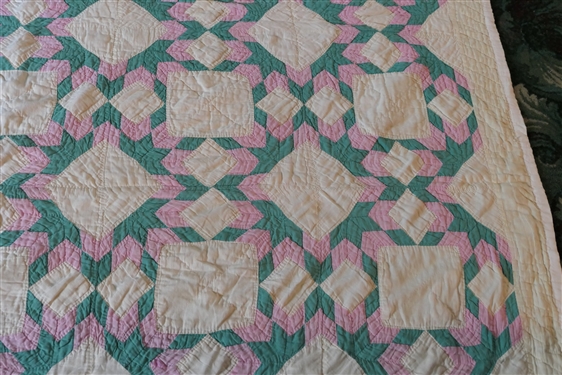 Green and Pink and Gray and Pink Hand Pieced and Stitched Quilt - Very Thin - Quilt Measures 72 by 60 