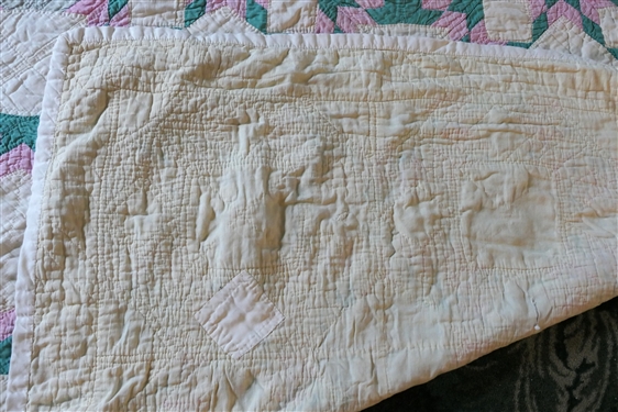 Green and Pink and Gray and Pink Hand Pieced and Stitched Quilt - Very Thin - Quilt Measures 72 by 60 