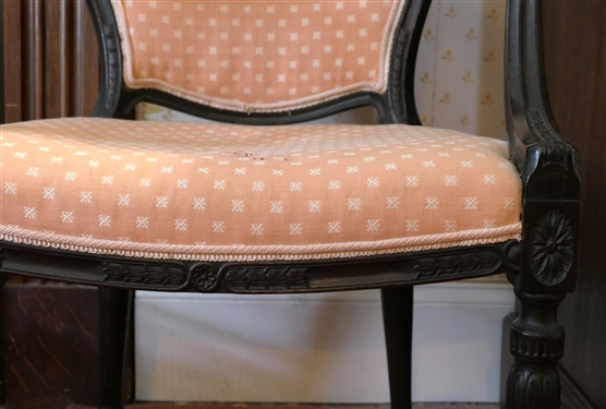 Mahogany Arm Chair with Carved Arms, Legs, and Floral Crest - Light Pink and White Upholstery - Chair is 35 tall 23 Wide