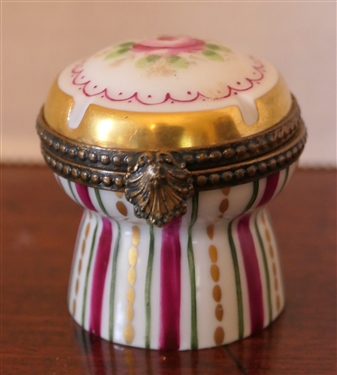 Limoges France Hand Painted Pill Box - Miniature Ottoman Shaped - Artist P.V. - Box Measures 1 1/2 tall 1 Across