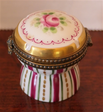 Limoges France Hand Painted Pill Box - Miniature Ottoman Shaped - Artist P.V. - Box Measures 1 1/2 tall 1 Across