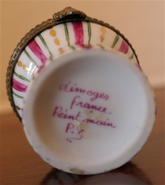 Limoges France Hand Painted Pill Box - Miniature Ottoman Shaped - Artist P.V. - Box Measures 1 1/2 tall 1 Across