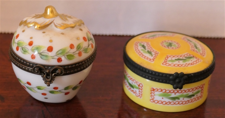 2 Limoges France Hand Painted Pill Boxes - Yellow by Artist P.V. and Apple Shaped with Red Berries and Green Leaves - Yellow Box Measures 1 tall 1 3/4 across