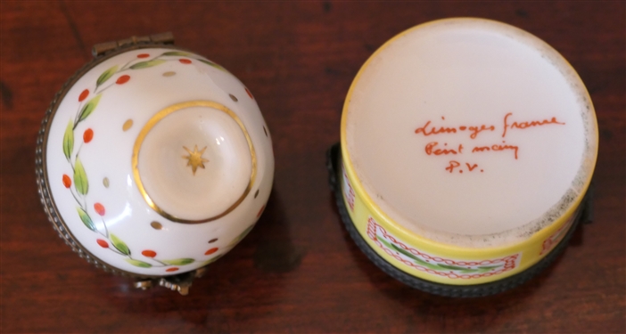 2 Limoges France Hand Painted Pill Boxes - Yellow by Artist P.V. and Apple Shaped with Red Berries and Green Leaves - Yellow Box Measures 1 tall 1 3/4 across