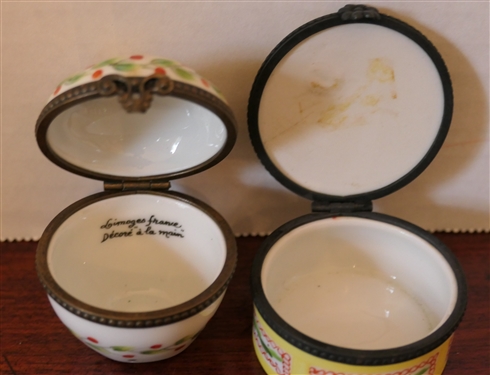2 Limoges France Hand Painted Pill Boxes - Yellow by Artist P.V. and Apple Shaped with Red Berries and Green Leaves - Yellow Box Measures 1 tall 1 3/4 across
