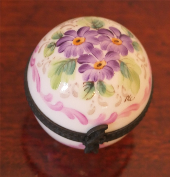 Limoges France Hand Painted Pill Box by M.C. - Beautiful Purple Violets on Top - Box Measures 1 3/4" tall 1 1/4" Across