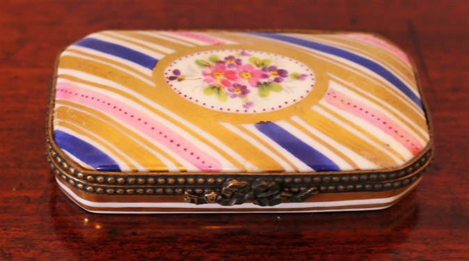 Limoges France Hand Painted Rectangular Shaped Pill Box - Painted by P.V. - Blue, Pink, and Gold Stripes with Pink and Purple Flowers - Box Measures 1/4 tall 3 by 1 1/4 