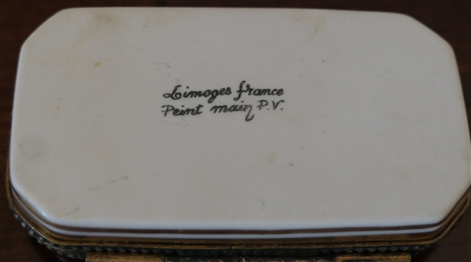 Limoges France Hand Painted Rectangular Shaped Pill Box - Painted by P.V. - Blue, Pink, and Gold Stripes with Pink and Purple Flowers - Box Measures 1/4 tall 3 by 1 1/4 