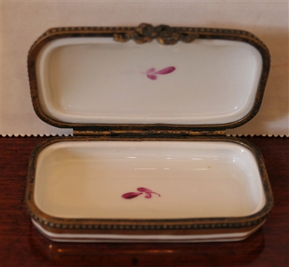 Limoges France Hand Painted Rectangular Shaped Pill Box - Painted by P.V. - Blue, Pink, and Gold Stripes with Pink and Purple Flowers - Box Measures 1/4 tall 3 by 1 1/4 