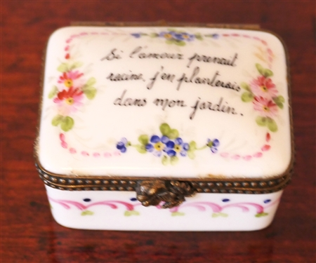 Limoges France Hand Painted Pill Box with French Poem on Top - Artist P.V.  - Box Measures 1 1/4 tall 2 by 1 1/2 