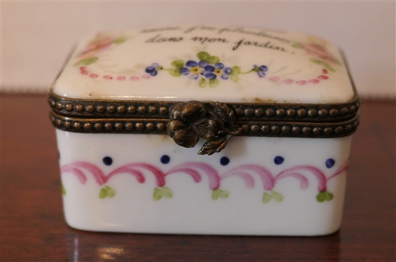 Limoges France Hand Painted Pill Box with French Poem on Top - Artist P.V.  - Box Measures 1 1/4 tall 2 by 1 1/2 