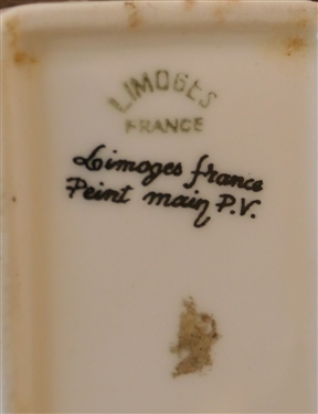 Limoges France Hand Painted Pill Box with French Poem on Top - Artist P.V.  - Box Measures 1 1/4 tall 2 by 1 1/2 