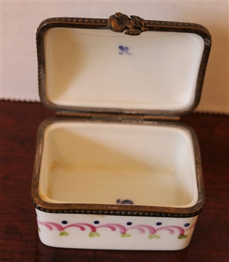 Limoges France Hand Painted Pill Box with French Poem on Top - Artist P.V.  - Box Measures 1 1/4 tall 2 by 1 1/2 