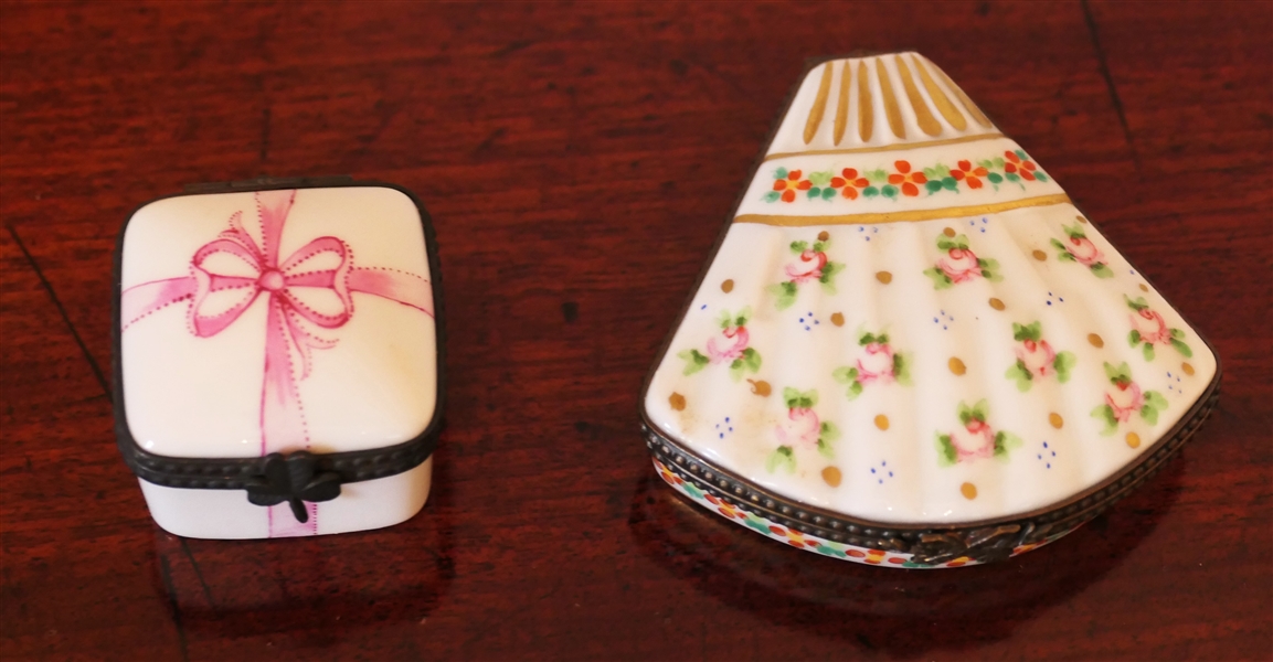 2 Limoges France Hand Painted Pill Boxes - Fan Shaped by Artist P.V. and Present Box by Artist M.C. - Present Box Measures 1" tall 1 1/2" By 1 1/2" 