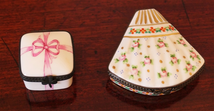 2 Limoges France Hand Painted Pill Boxes - Fan Shaped by Artist P.V. and Present Box by Artist M.C. - Present Box Measures 1 tall 1 1/2 By 1 1/2 