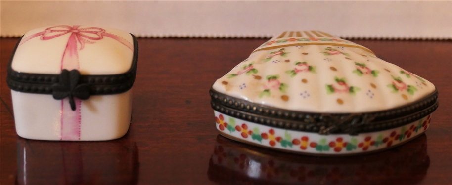 2 Limoges France Hand Painted Pill Boxes - Fan Shaped by Artist P.V. and Present Box by Artist M.C. - Present Box Measures 1 tall 1 1/2 By 1 1/2 