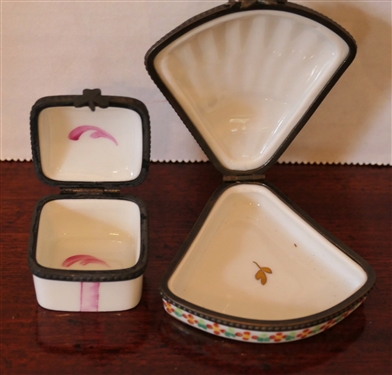 2 Limoges France Hand Painted Pill Boxes - Fan Shaped by Artist P.V. and Present Box by Artist M.C. - Present Box Measures 1 tall 1 1/2 By 1 1/2 