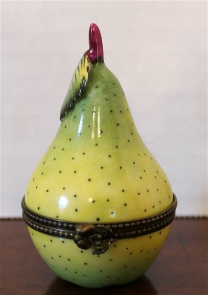 Limoges France Hand Painted Green Pear Shaped Pill / Trinket Box - Box Measures 3 1/4" Tall 2" Across