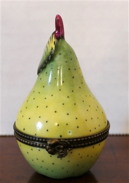 Limoges France Hand Painted Green Pear Shaped Pill / Trinket Box - Box Measures 3 1/4 Tall 2 Across
