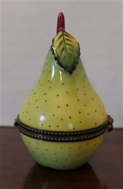 Limoges France Hand Painted Green Pear Shaped Pill / Trinket Box - Box Measures 3 1/4 Tall 2 Across