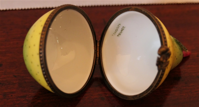 Limoges France Hand Painted Green Pear Shaped Pill / Trinket Box - Box Measures 3 1/4 Tall 2 Across