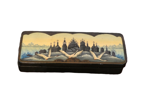 Hand Painted Russian Black Lacquer Box  Signed by Artist - Ken. Awevnok - Box with Flying Swans - Box Measures 1 1/2 Tall 6 1/2 by 2 1/2 