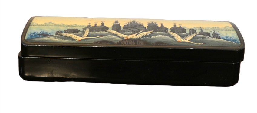 Hand Painted Russian Black Lacquer Box  Signed by Artist - Ken. Awevnok - Box with Flying Swans - Box Measures 1 1/2 Tall 6 1/2 by 2 1/2 