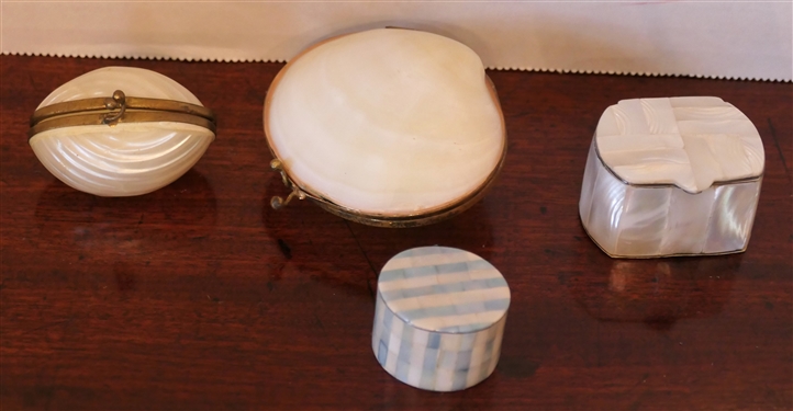4 Abalone/ Shell Pill Boxes - Round with Blue and White Stripes, Shell with Broken Hinge, Ribbed Shell, and Other with Mosaic Mother of Pearl - Round with Blue Stripes Measures 1 tall 1 1/4 Across