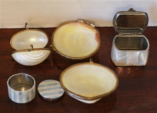 4 Abalone/ Shell Pill Boxes - Round with Blue and White Stripes, Shell with Broken Hinge, Ribbed Shell, and Other with Mosaic Mother of Pearl - Round with Blue Stripes Measures 1 tall 1 1/4 Across
