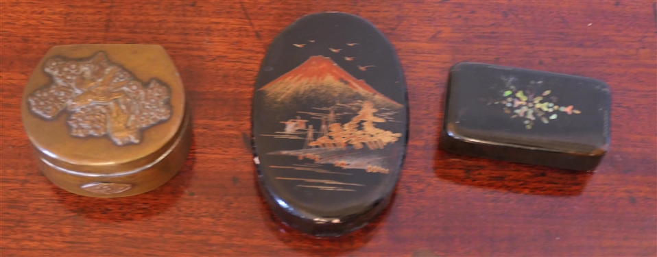 3 Small Boxes - 19th Century Chinese Brass Snuff Box, Black Lacquer with Lift off Top, and Black Lacquer with Mother of Pearl Inlay - Brass Snuff Box Measures 1 tall 2 across