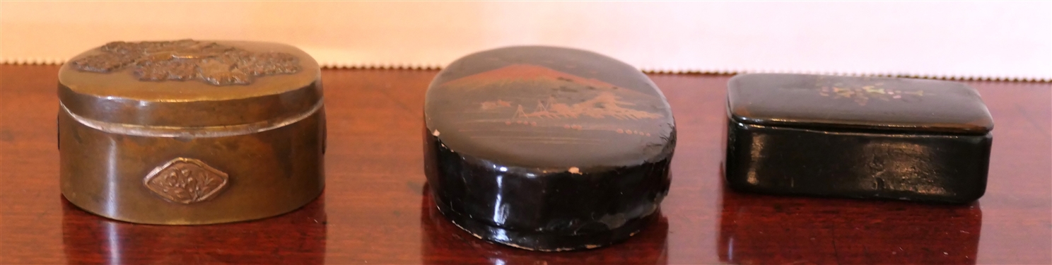 3 Small Boxes - 19th Century Chinese Brass Snuff Box, Black Lacquer with Lift off Top, and Black Lacquer with Mother of Pearl Inlay - Brass Snuff Box Measures 1 tall 2 across