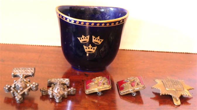 Blue Porcelain Cup Specially Designed for Swedish American Line with Pair of Metalsmith Pins, Silver Screw back Earring and Earring Front, and Brass Medallion Clip 
