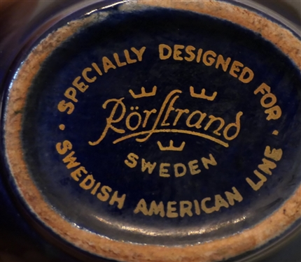Blue Porcelain Cup Specially Designed for Swedish American Line with Pair of Metalsmith Pins, Silver Screw back Earring and Earring Front, and Brass Medallion Clip 