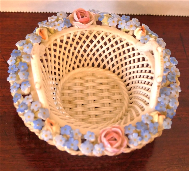 Delicate Capodimonte Porcelain Flower Basket - Porcelain Lattice Work Basket with Delicate Applied Flowers - Basket Measures 1 1/2" tall 4" Across  - Not Including Handle