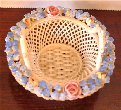 Delicate Capodimonte Porcelain Flower Basket - Porcelain Lattice Work Basket with Delicate Applied Flowers - Basket Measures 1 1/2 tall 4 Across  - Not Including Handle