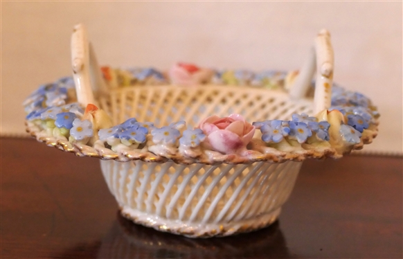 Delicate Capodimonte Porcelain Flower Basket - Porcelain Lattice Work Basket with Delicate Applied Flowers - Basket Measures 1 1/2 tall 4 Across  - Not Including Handle