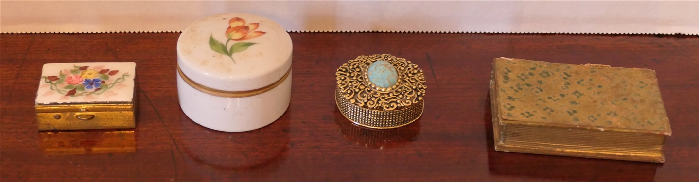 4 - Trinket / Pill Boxes - Paper Mache' Book Shaped, Brass with Enamel Top, Brass with Turquoise Stone, and Porcelain with Rose - Porcelain Box Measures 1 1/4 tall 1 3/4 Across