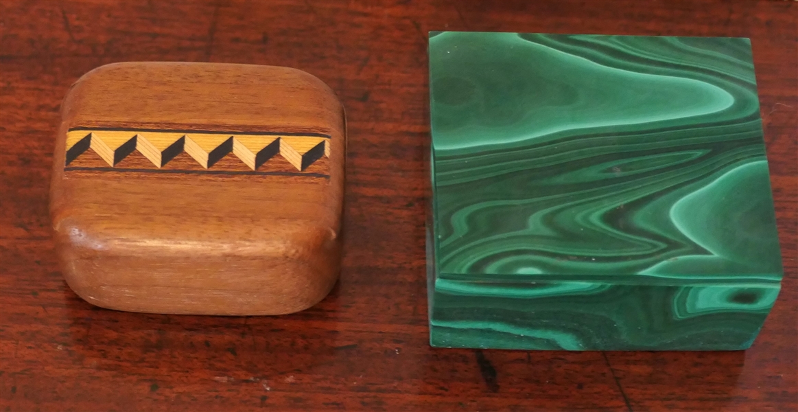 Wood Inlaid Pill Box with Slide Top and Made in Zaire Serpentine Box - Stone Box Measures 1" tall 2" by 1 3/4" 