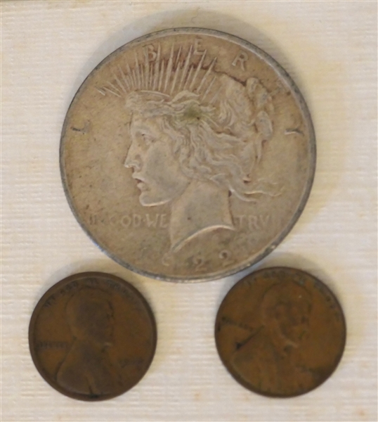 1922 Peace Silver Dollar and 2 Wheat Pennies 