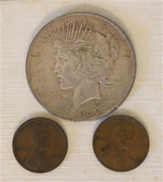 1922 Peace Silver Dollar and 2 Wheat Pennies 