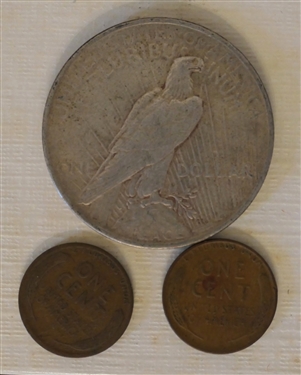 1922 Peace Silver Dollar and 2 Wheat Pennies 